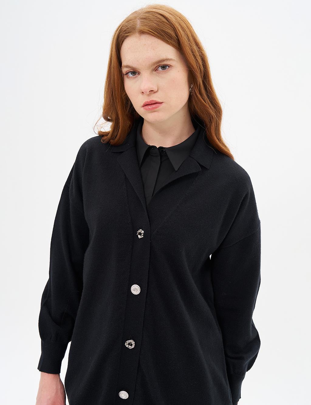 Shiny Buttoned Knitwear Cardigan Black
