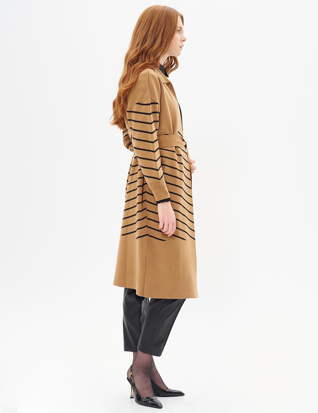Long Collar Detailed Knitwear Cardigan Camel