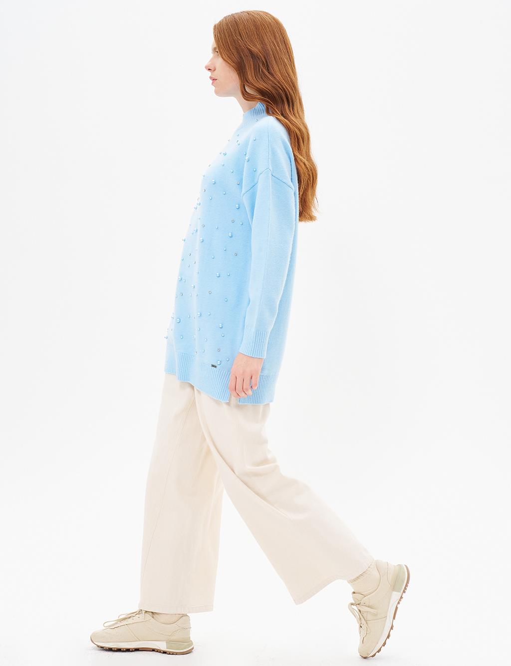 Pearl Embroidered Knitwear Tunic Crown Blue