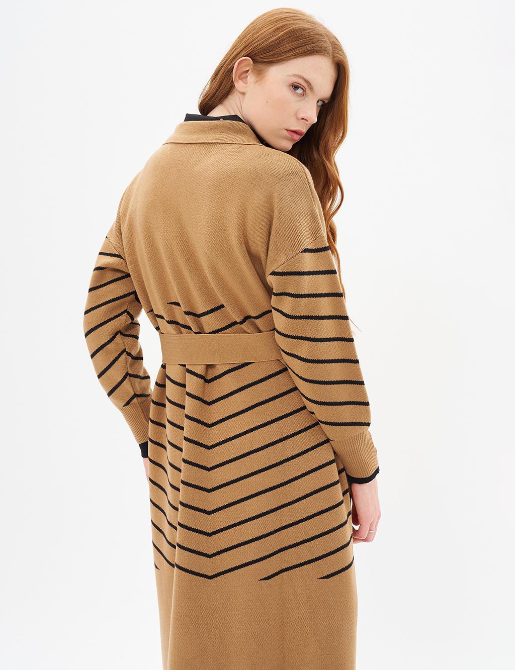 Long Collar Detailed Knitwear Cardigan Camel