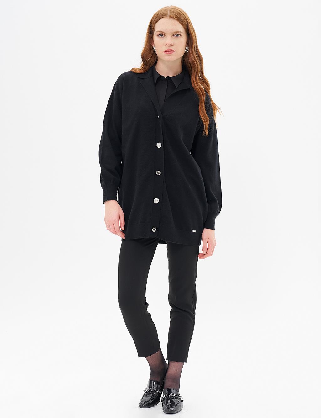 Shiny Buttoned Knitwear Cardigan Black