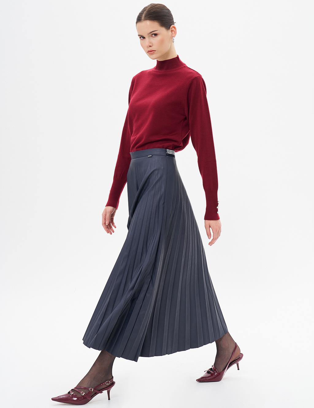 Elasticated Pleated Faux Leather Skirt Dark Navy Blue