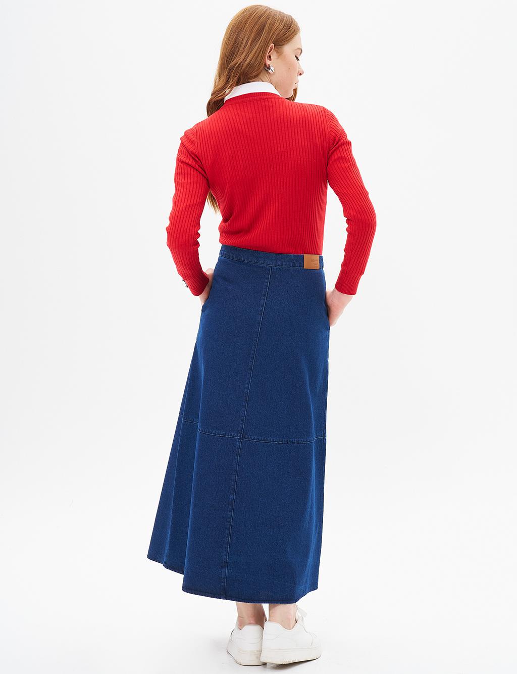 Zippered Denim Skirt Navy Blue