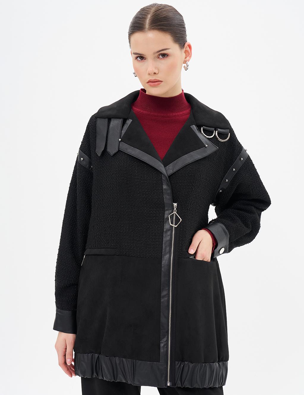 Faux Leather and Suede Mixed Jacket Black