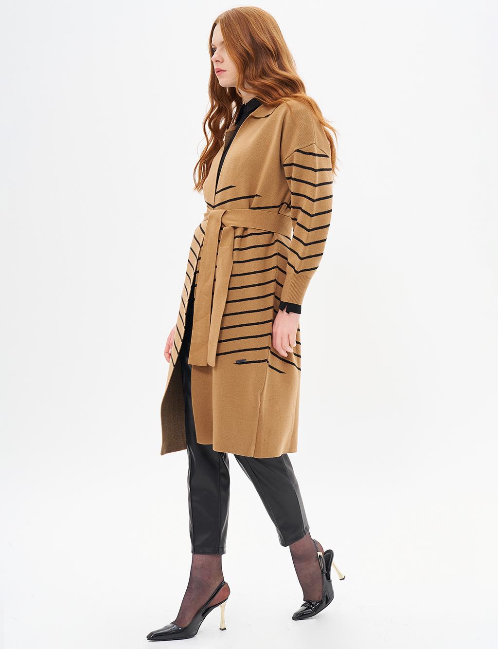 Long Collar Detailed Knitwear Cardigan Camel