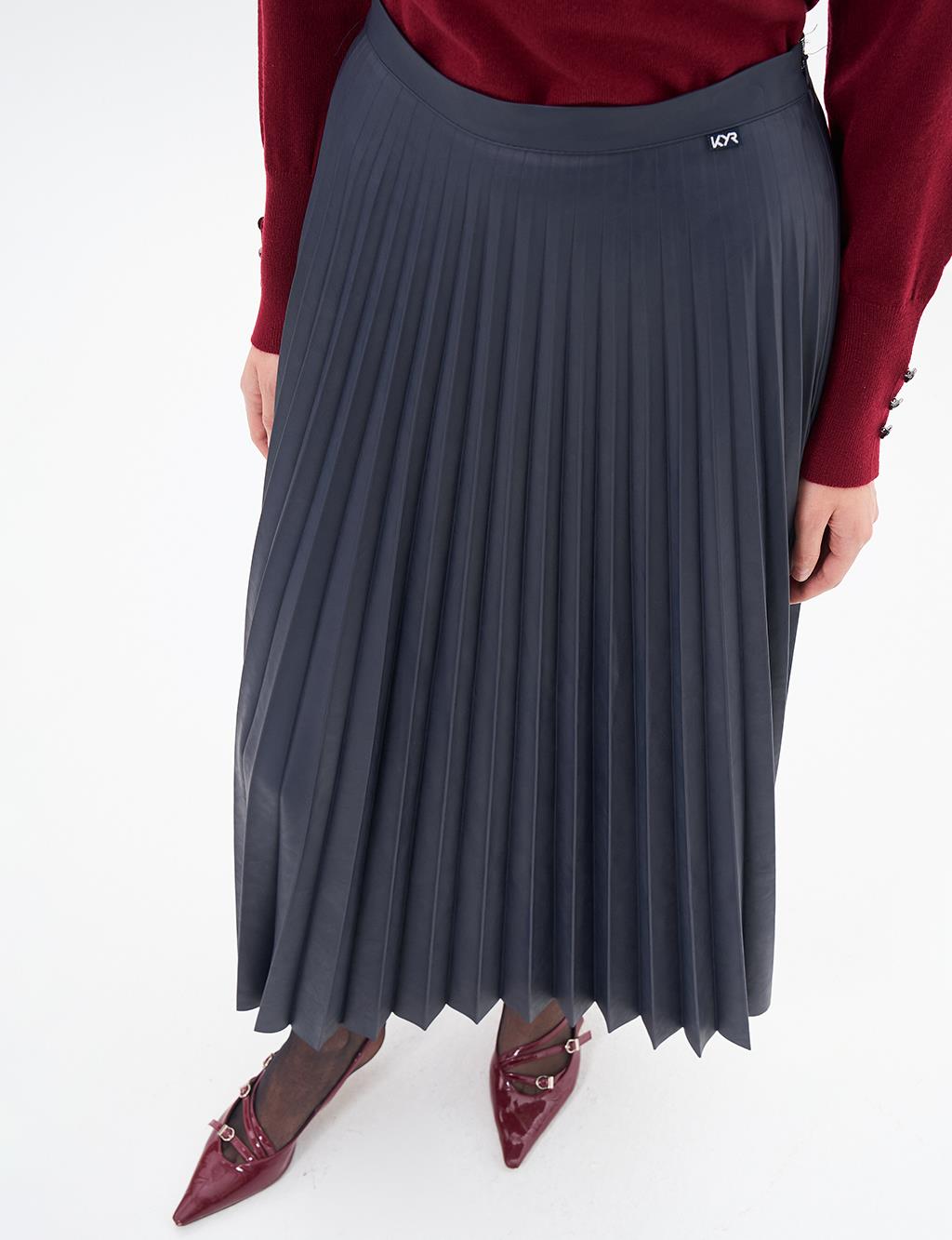 Elasticated Pleated Faux Leather Skirt Dark Navy Blue