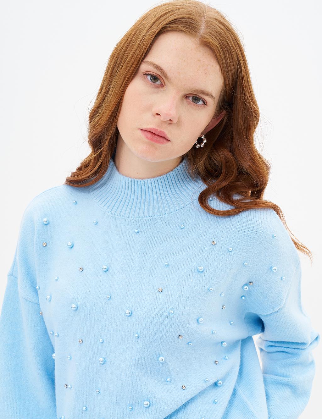 Pearl Embroidered Knitwear Tunic Crown Blue