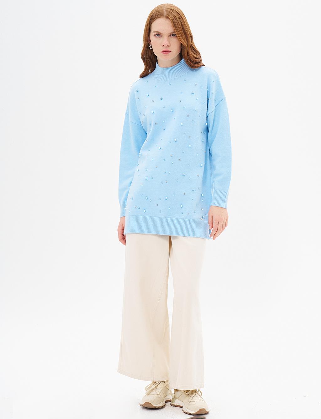 Pearl Embroidered Knitwear Tunic Crown Blue