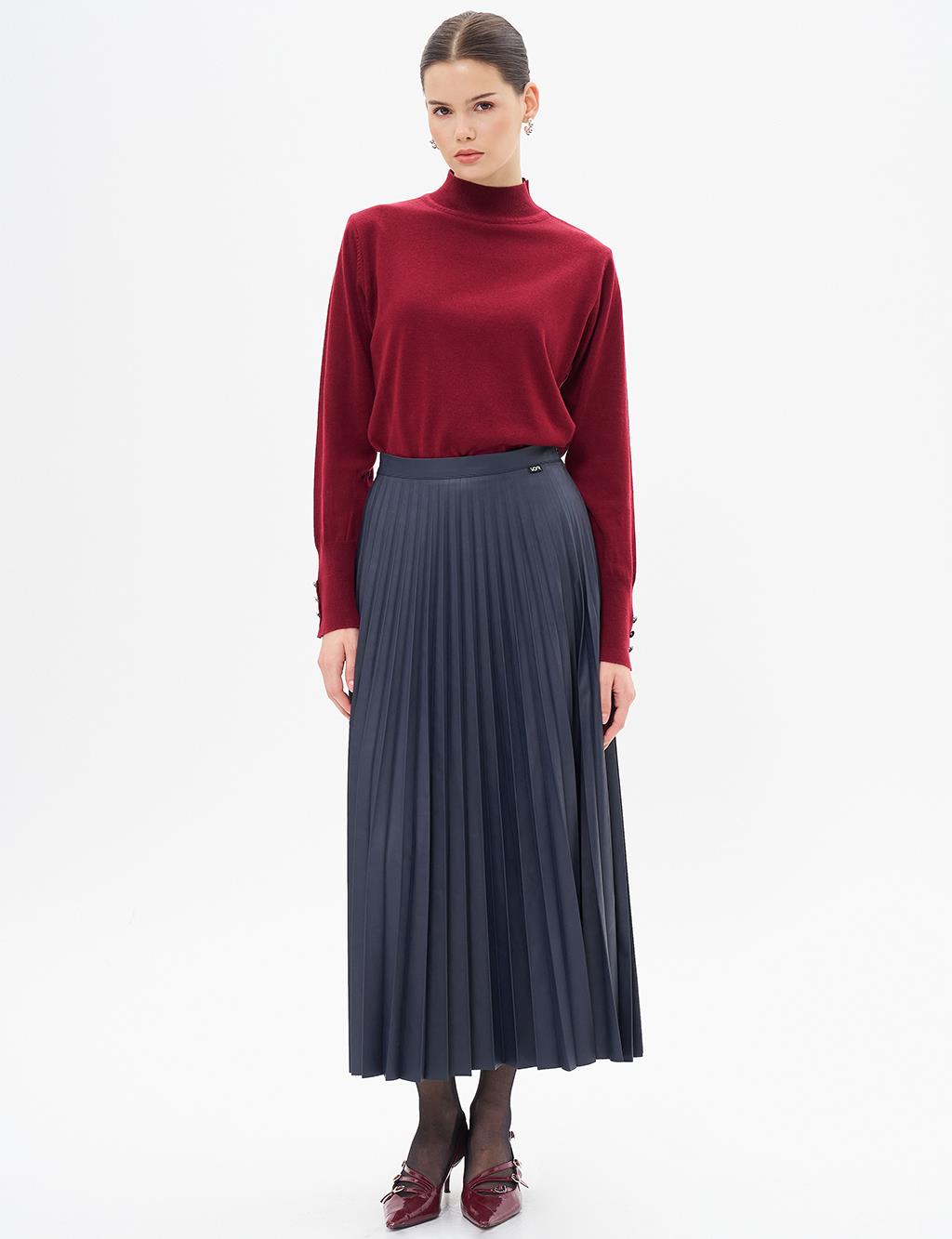 Elasticated Pleated Faux Leather Skirt Dark Navy Blue