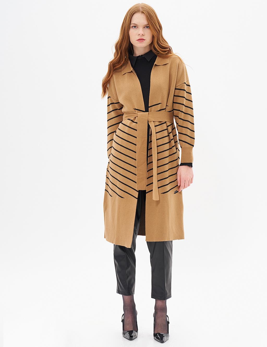 Long Collar Detailed Knitwear Cardigan Camel