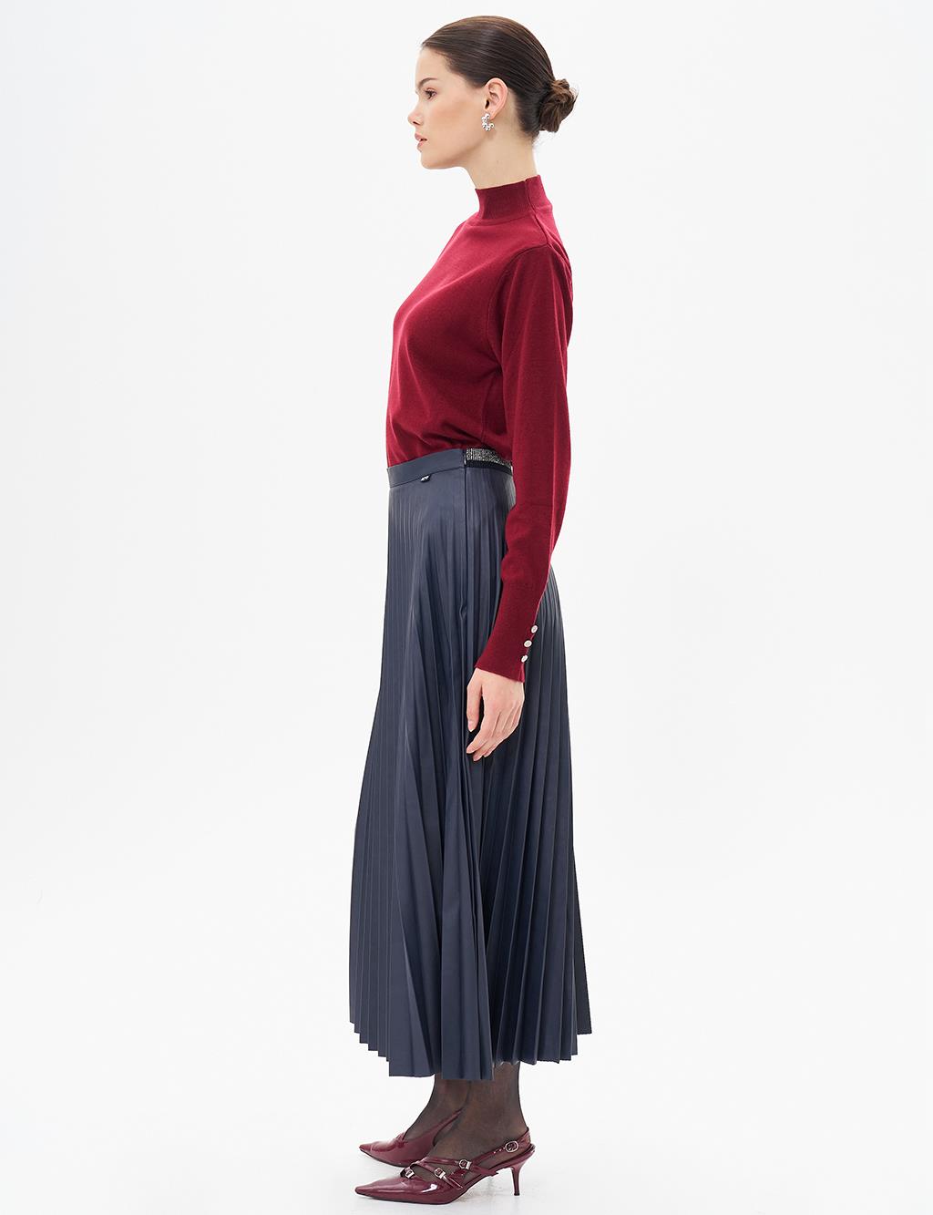 Elasticated Pleated Faux Leather Skirt Dark Navy Blue