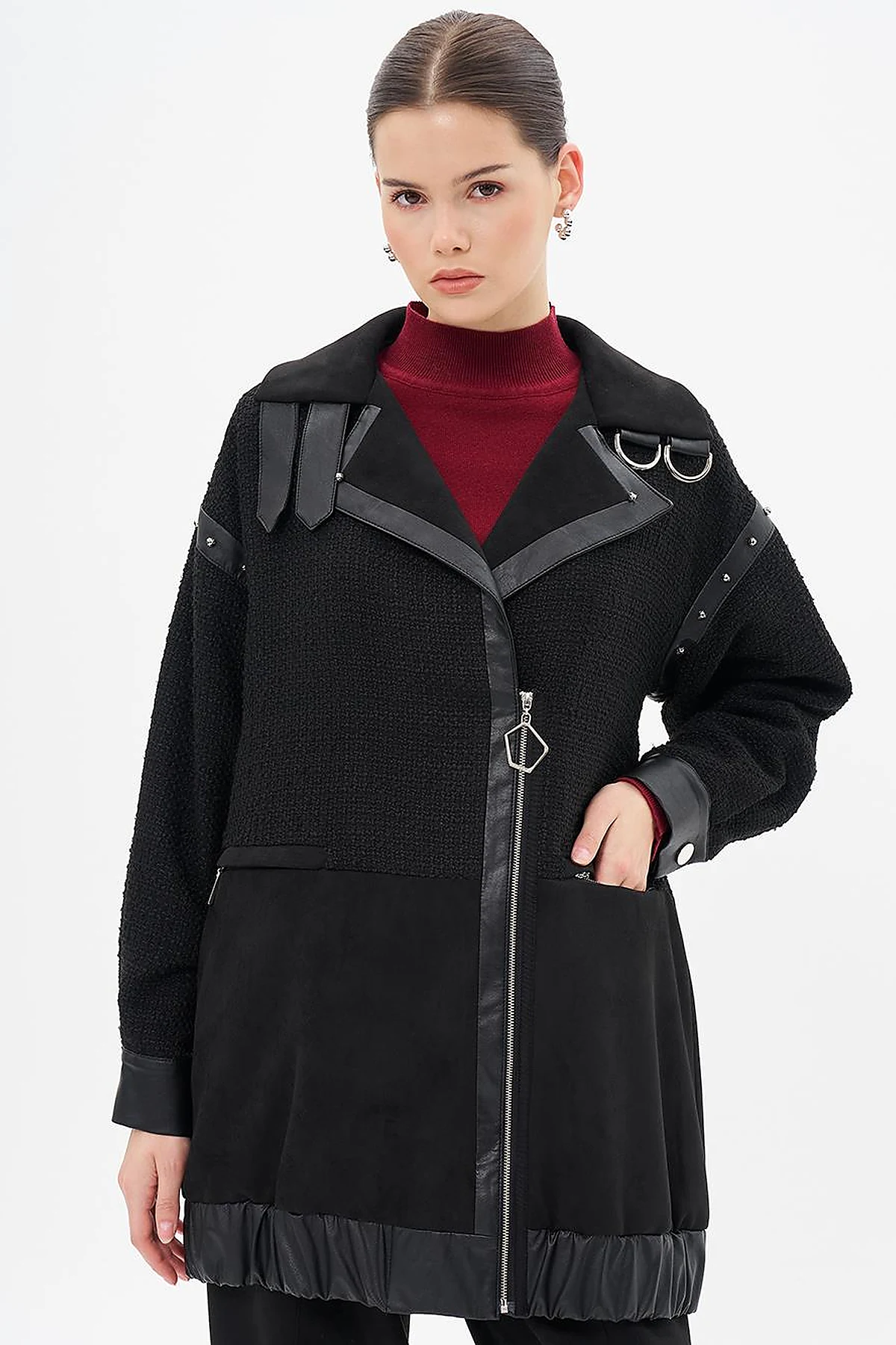 Faux Leather and Suede Mixed Jacket Black