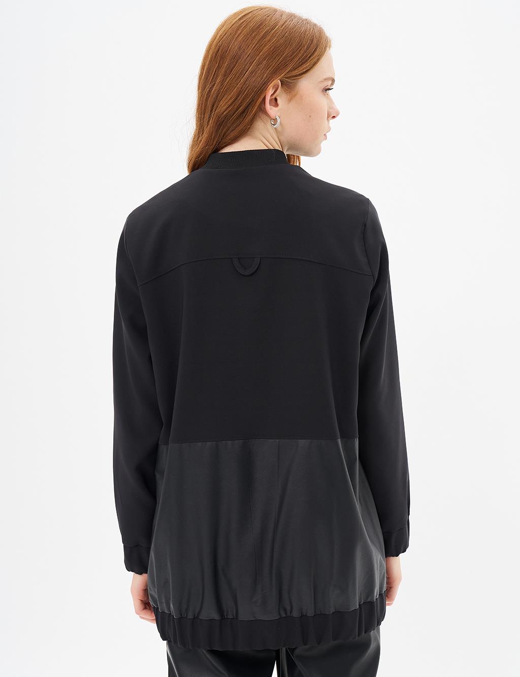 Floral Appliqued Faux Leather Mixed Jacket Black