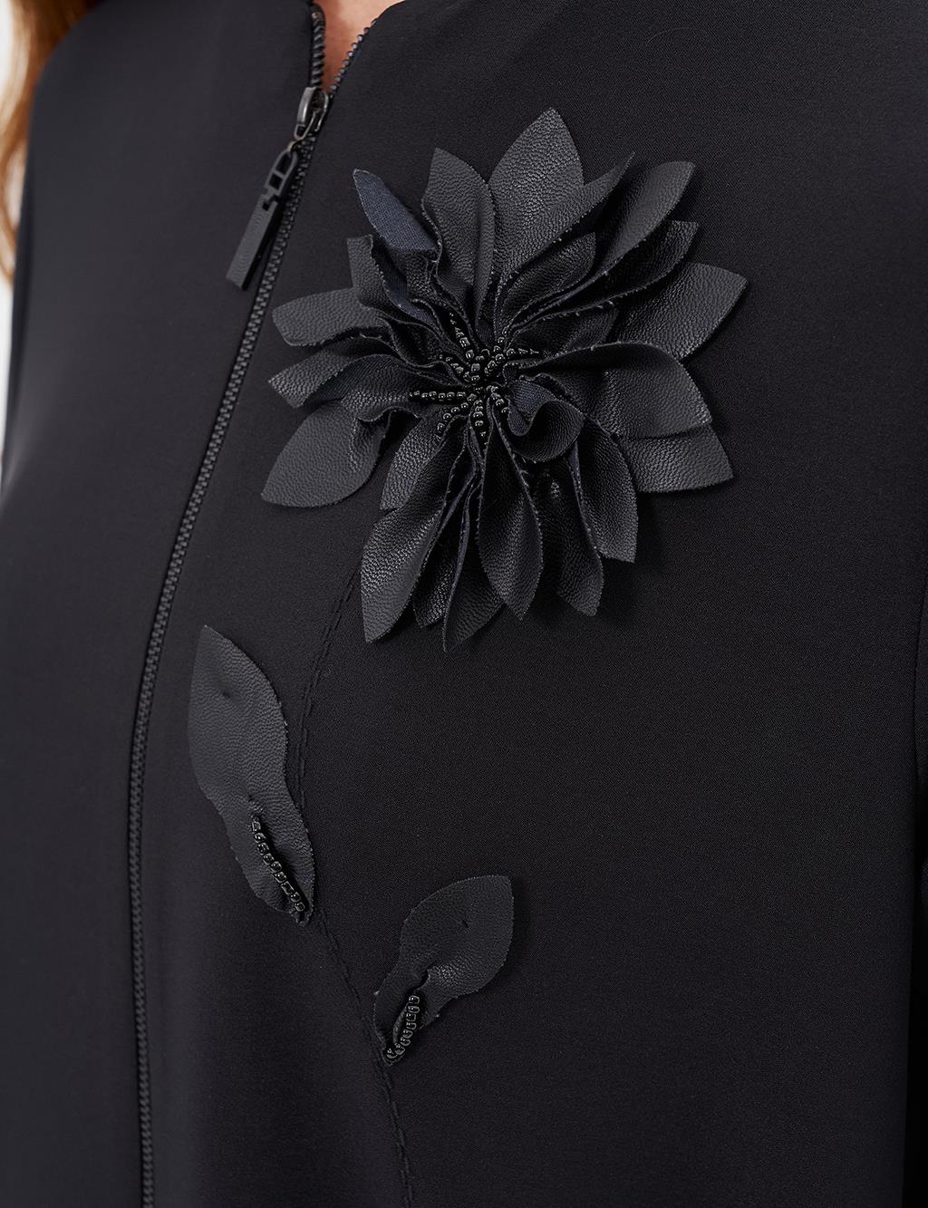 Floral Appliqued Faux Leather Mixed Jacket Black