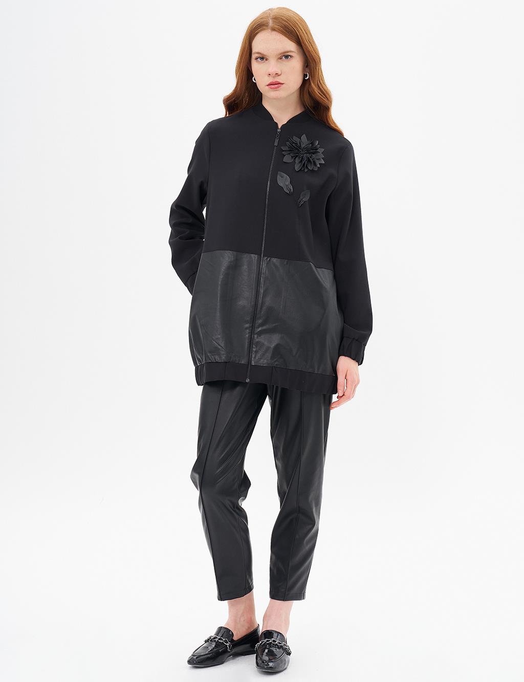 Floral Appliqued Faux Leather Mixed Jacket Black