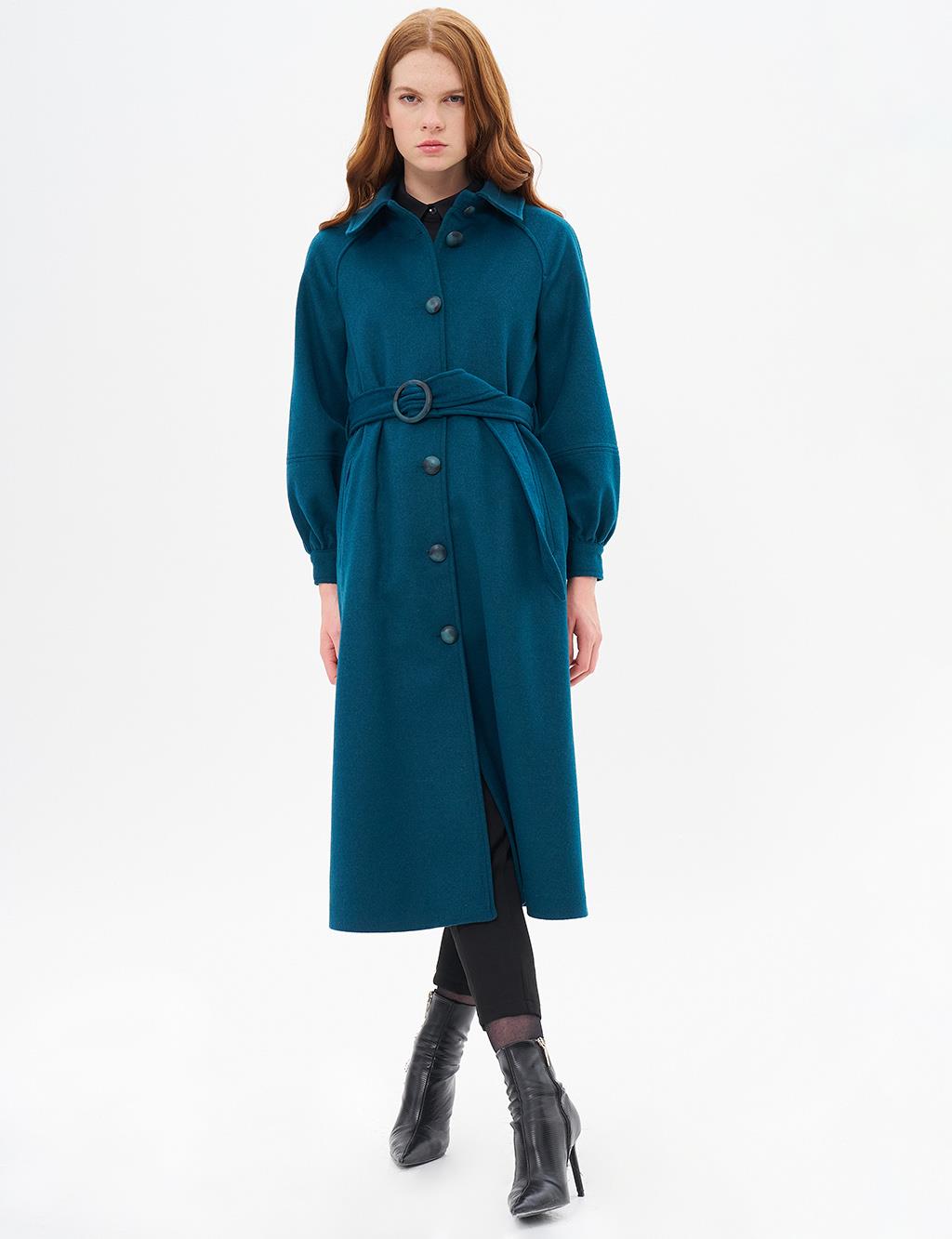 Buckle Detailed Cashmere Coat Petrol