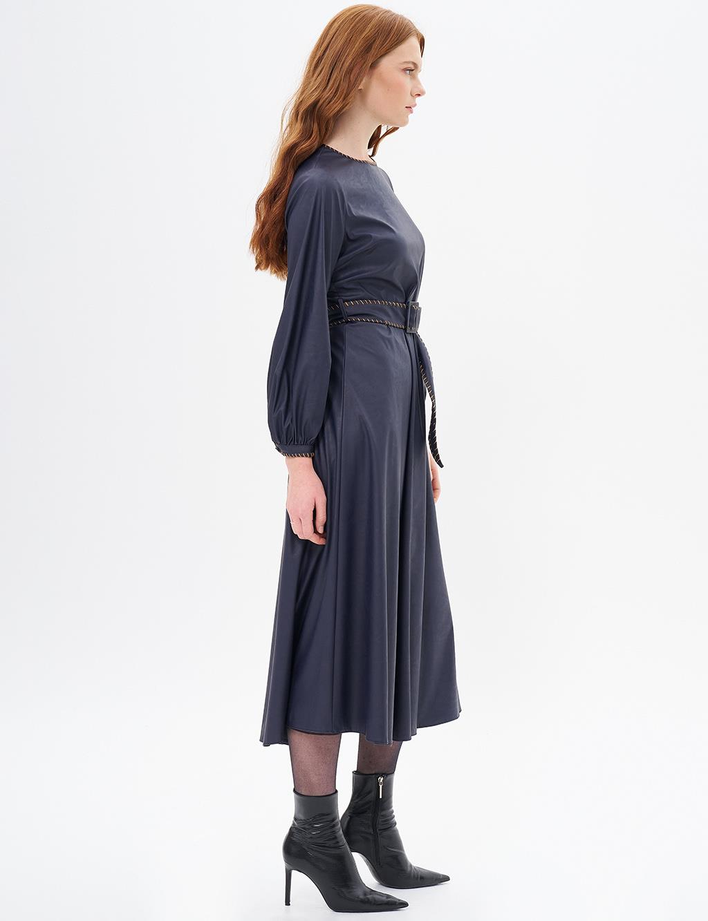 Belt Detailed Faux Leather Dress Dark Navy Blue