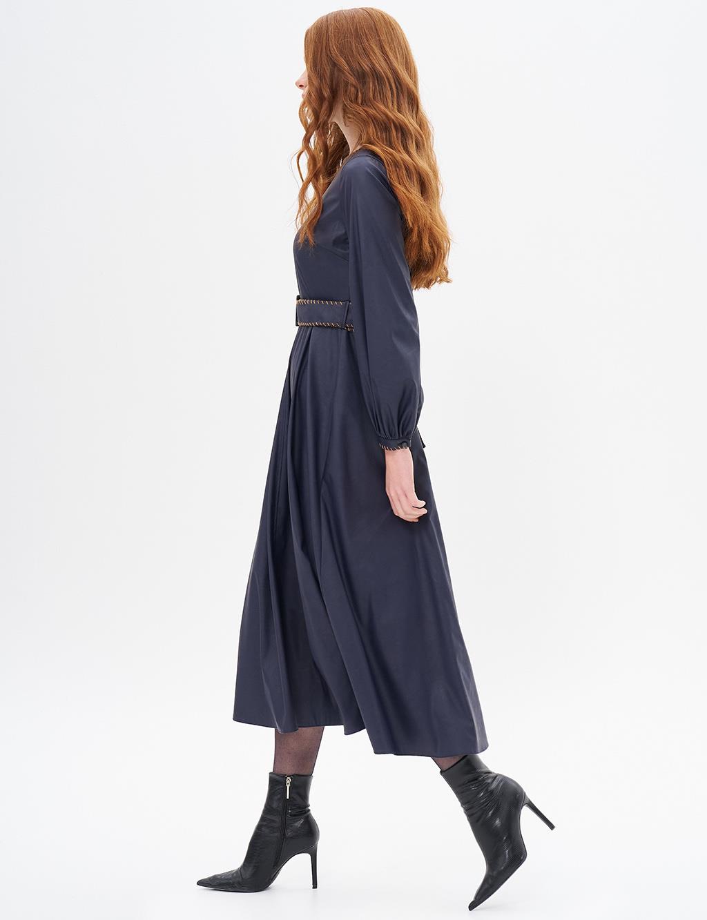 Belt Detailed Faux Leather Dress Dark Navy Blue