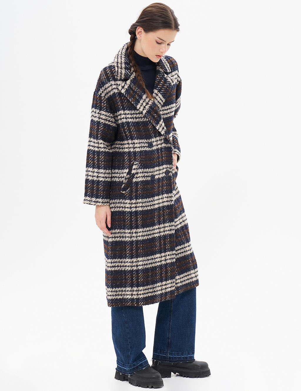 Buttoned Plaid Coat Navy Blue