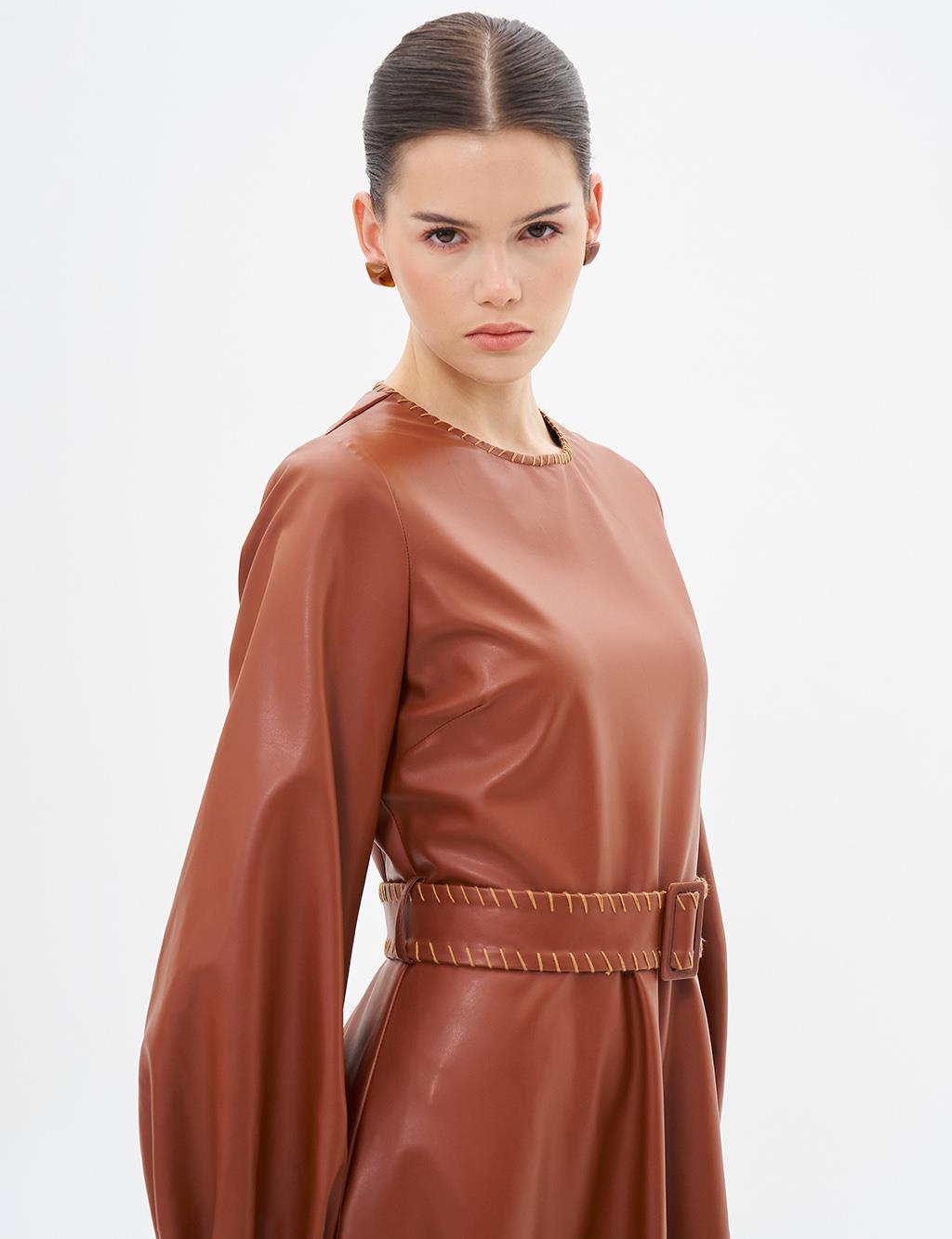 Belt Detailed Faux Leather Dress Coffee