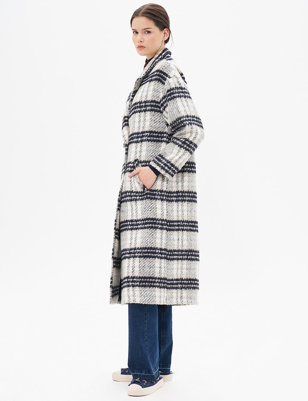 Buttoned Plaid Coat Cream