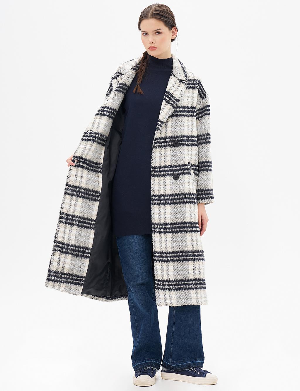 Buttoned Plaid Coat Cream