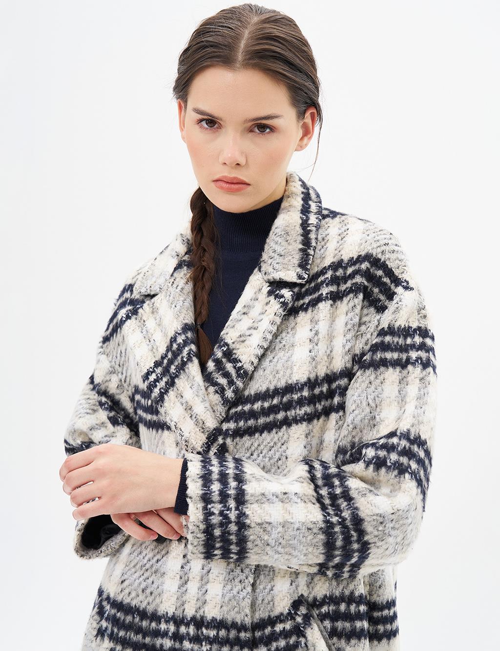 Buttoned Plaid Coat Cream