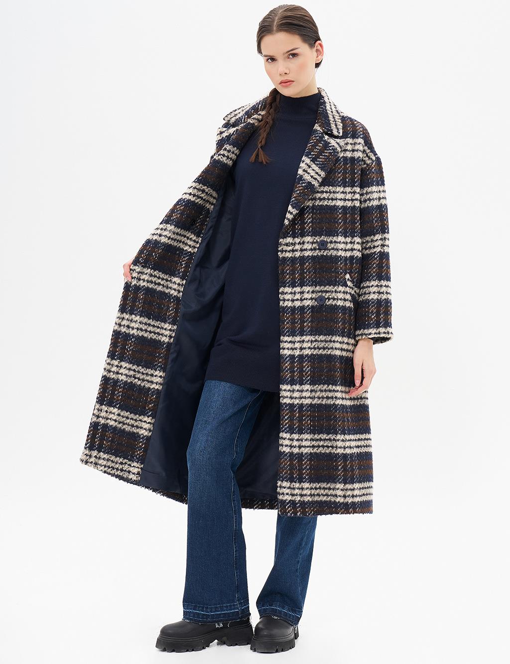 Buttoned Plaid Coat Navy Blue