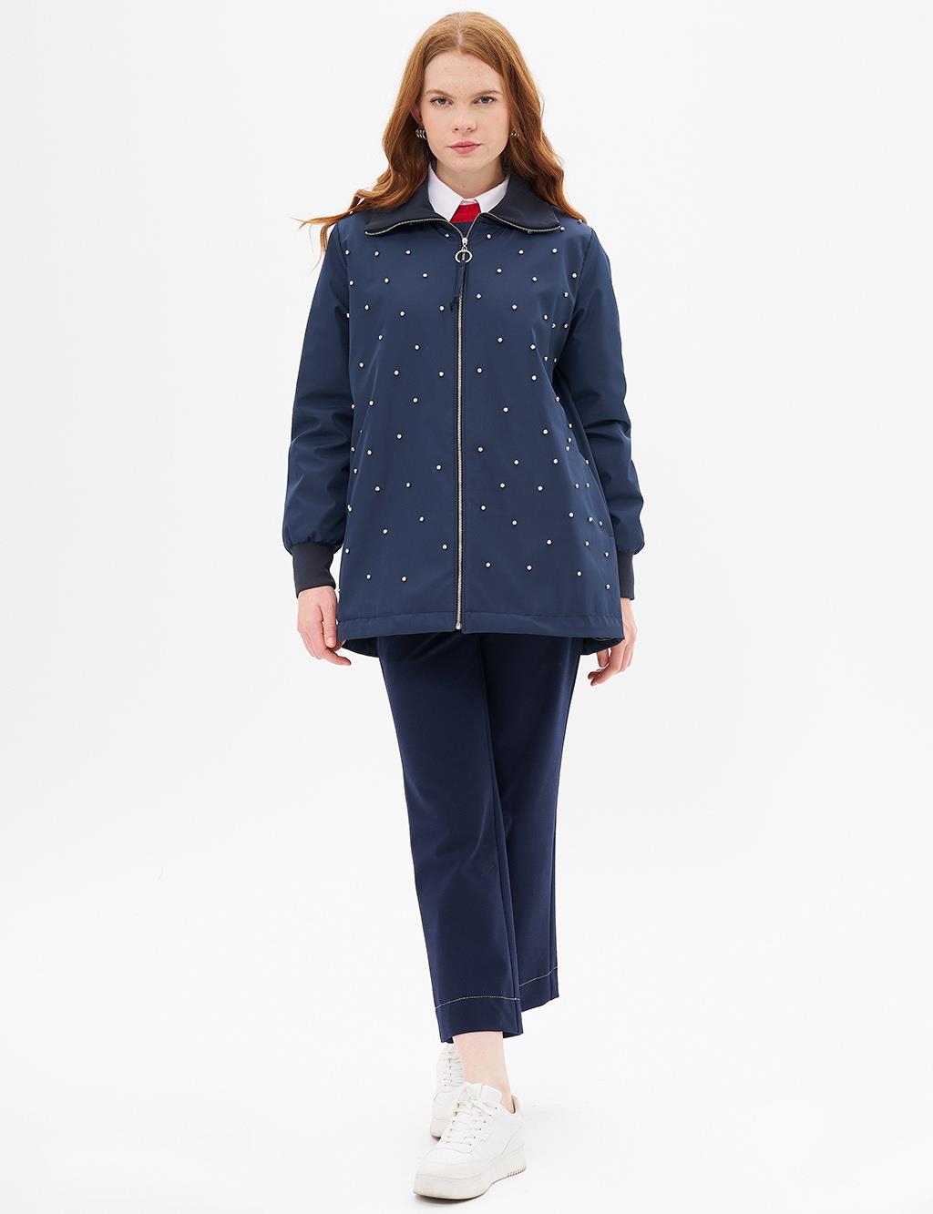 Ribbed Mixed Stone Embroidered Coat Dark Navy Blue