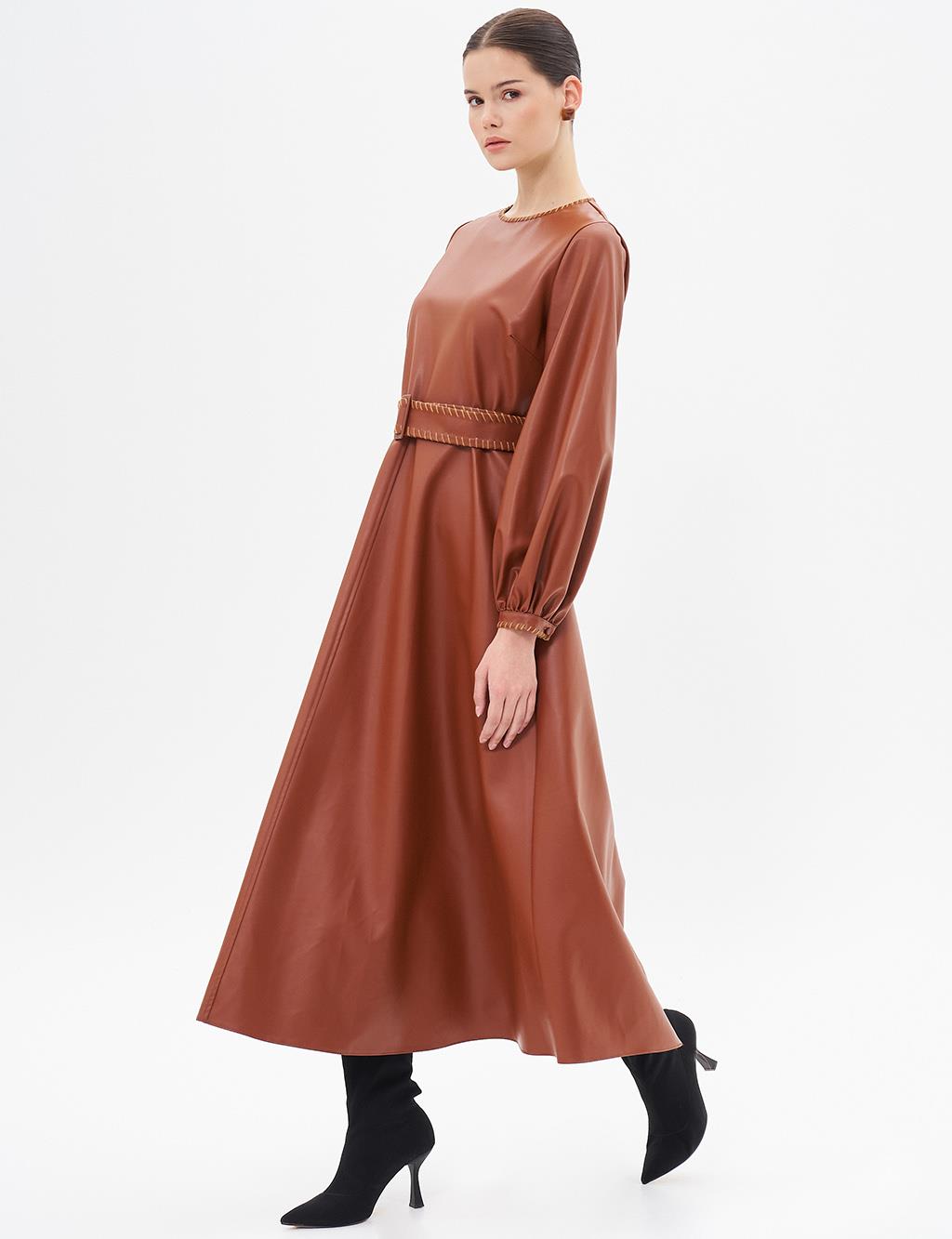 Belt Detailed Faux Leather Dress Coffee