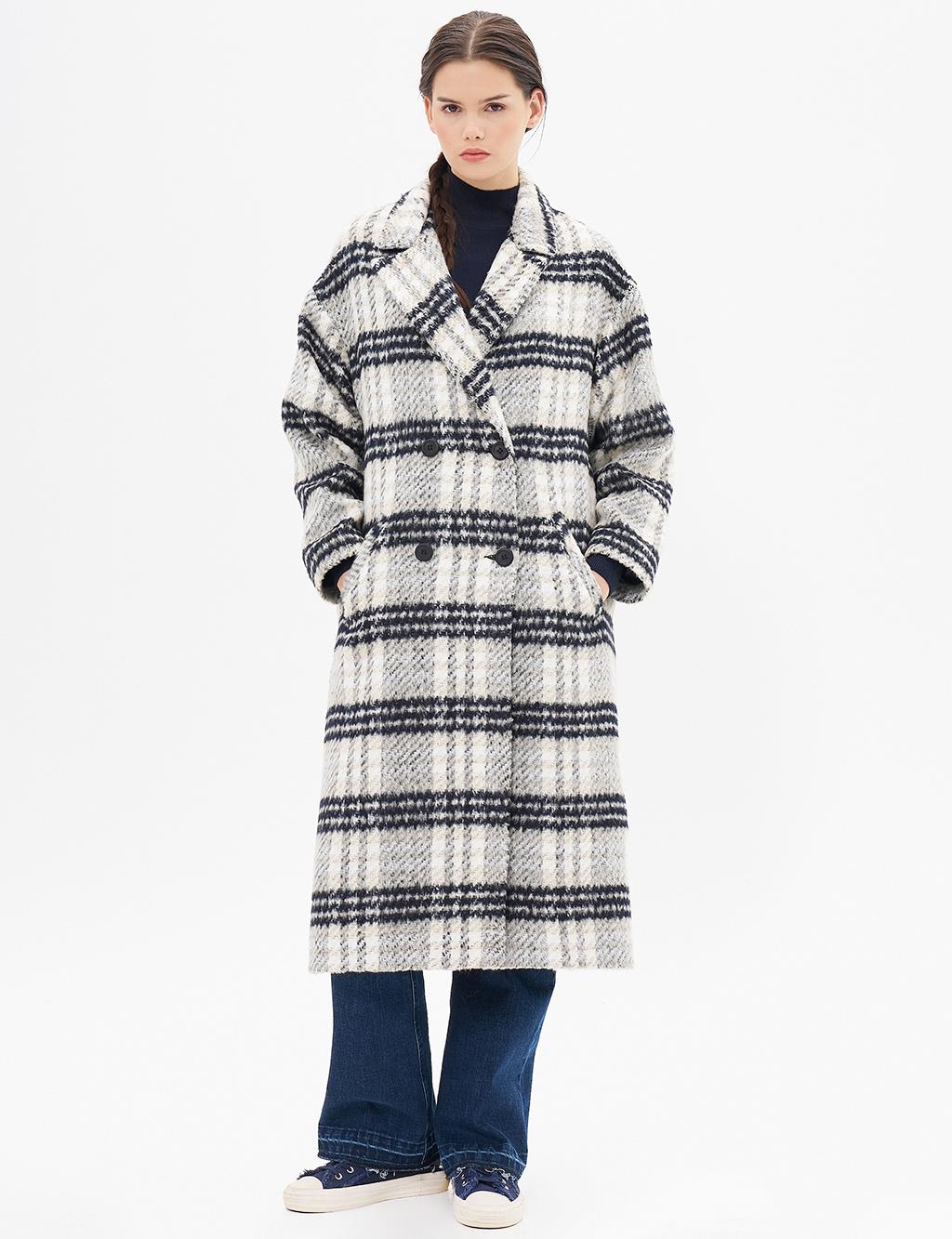 Buttoned Plaid Coat Cream