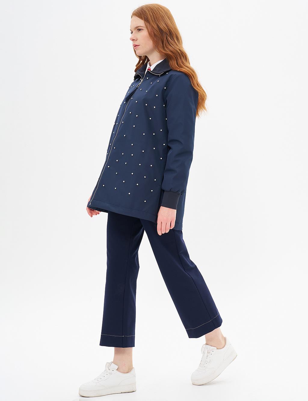 Ribbed Mixed Stone Embroidered Coat Dark Navy Blue