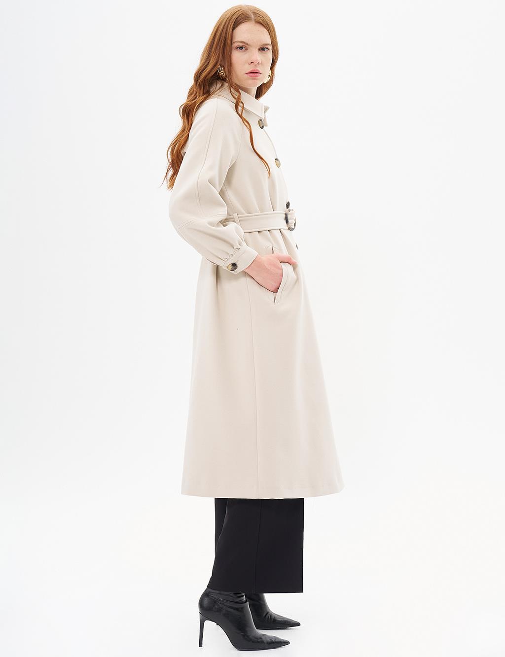 Buckle Detailed Cashmere Coat Stone