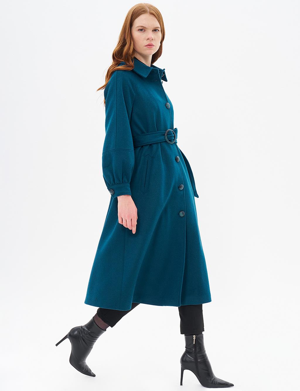 Buckle Detailed Cashmere Coat Petrol