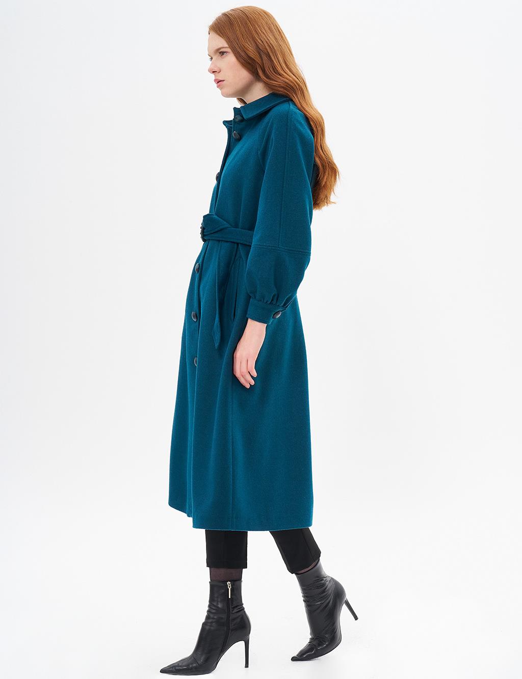 Buckle Detailed Cashmere Coat Petrol