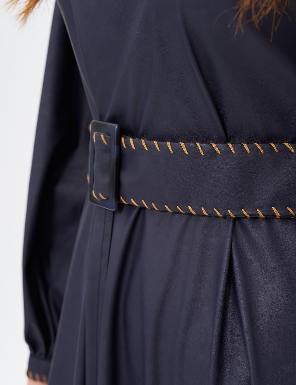 Belt Detailed Faux Leather Dress Dark Navy Blue