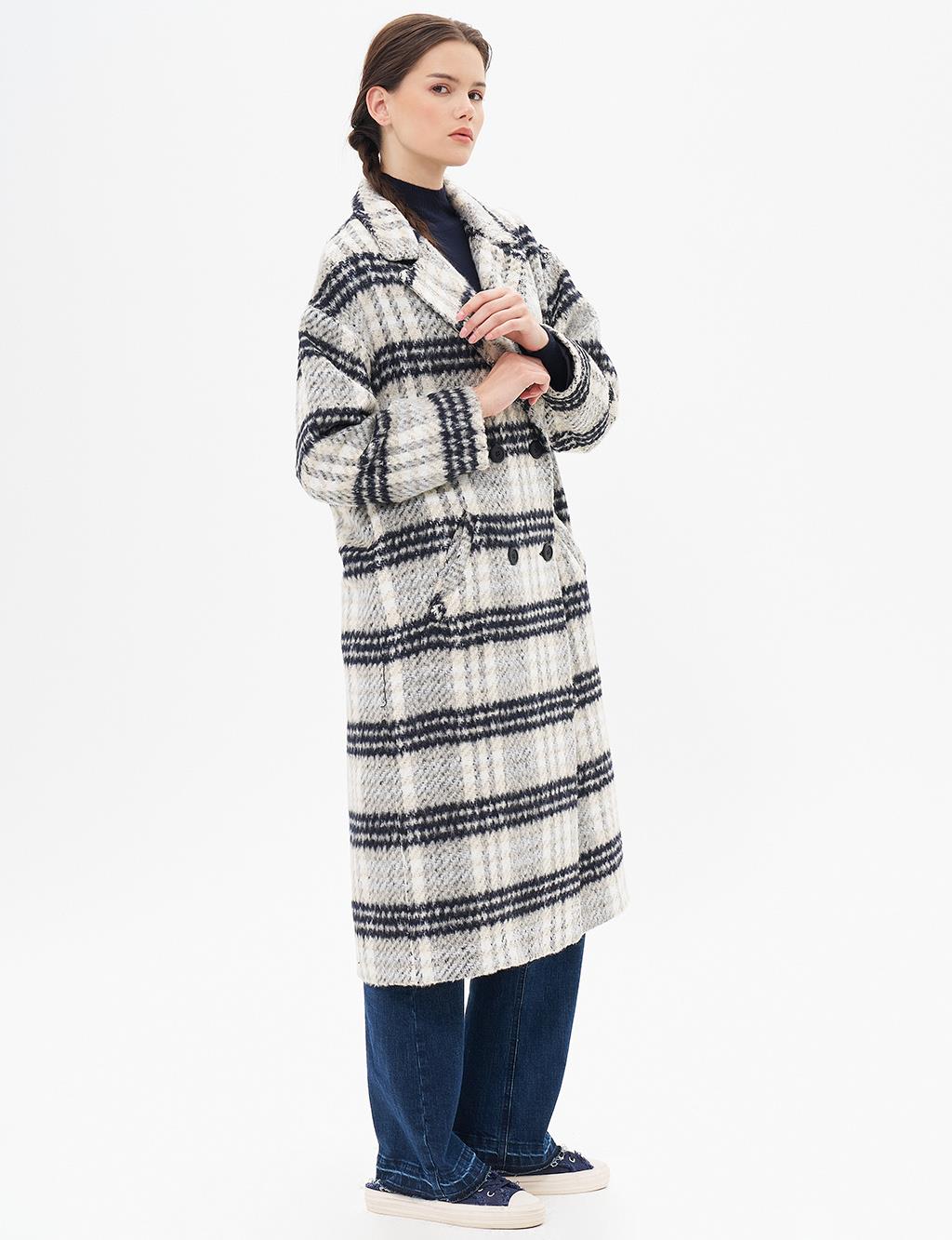 Buttoned Plaid Coat Cream