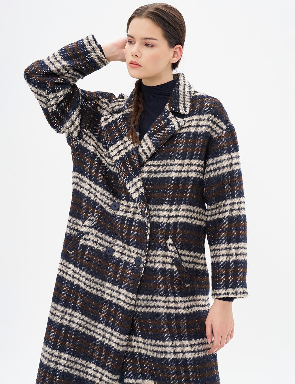 Buttoned Plaid Coat Navy Blue