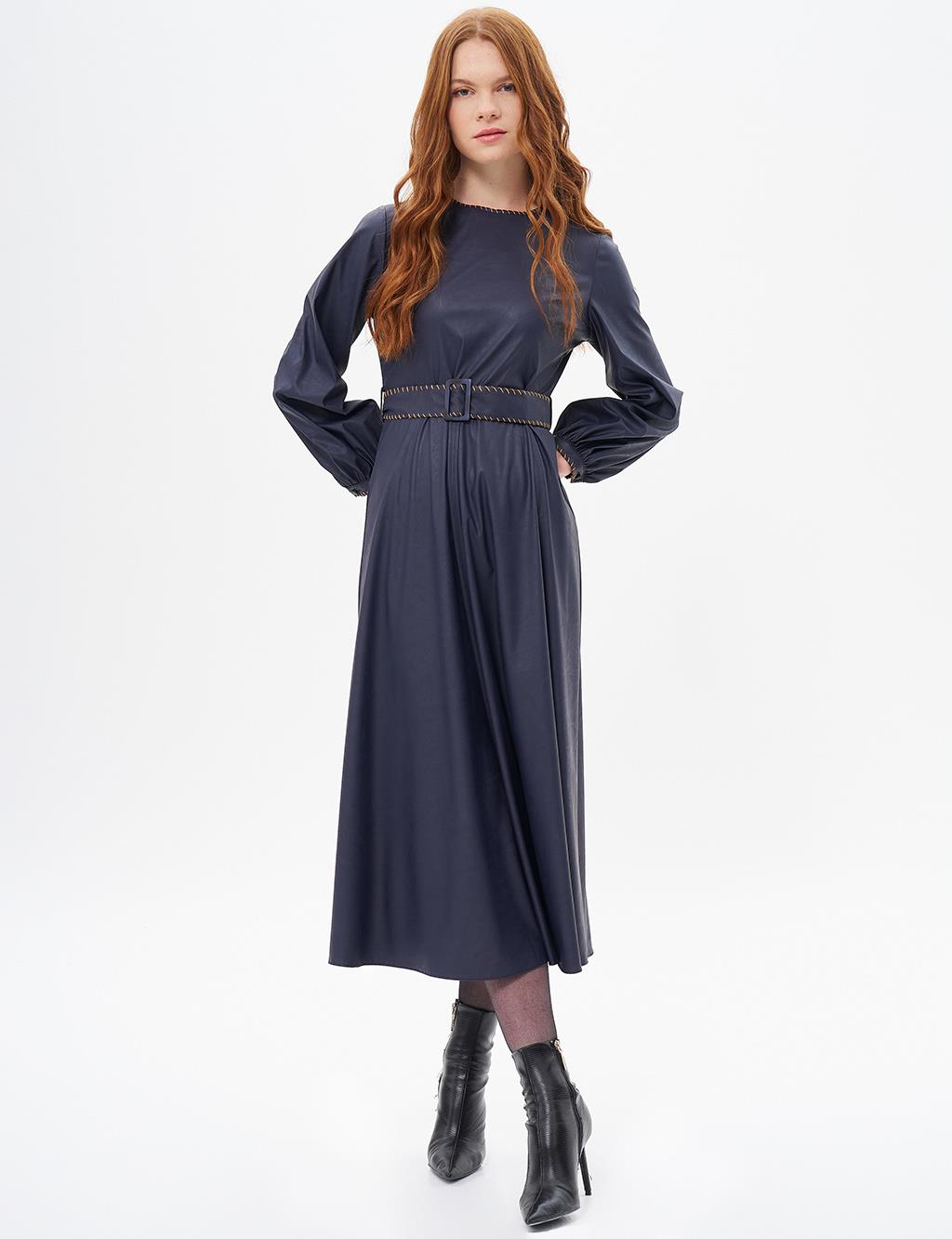 Belt Detailed Faux Leather Dress Dark Navy Blue