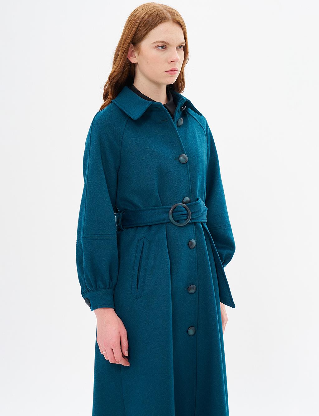 Buckle Detailed Cashmere Coat Petrol