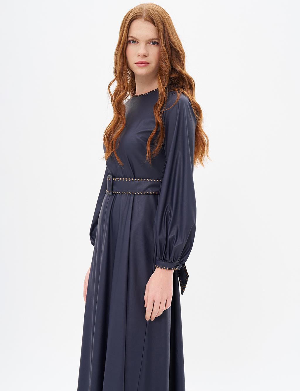 Belt Detailed Faux Leather Dress Dark Navy Blue