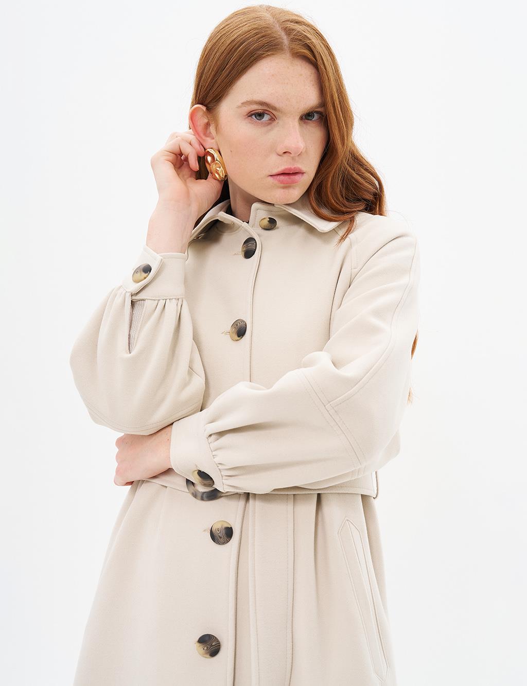 Buckle Detailed Cashmere Coat Stone