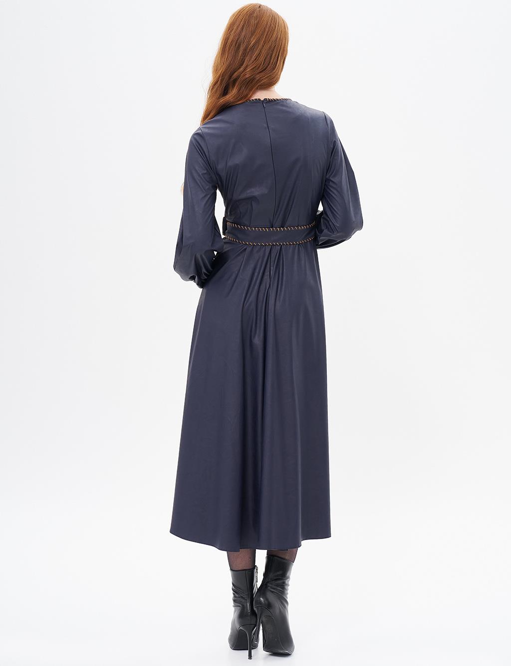 Belt Detailed Faux Leather Dress Dark Navy Blue