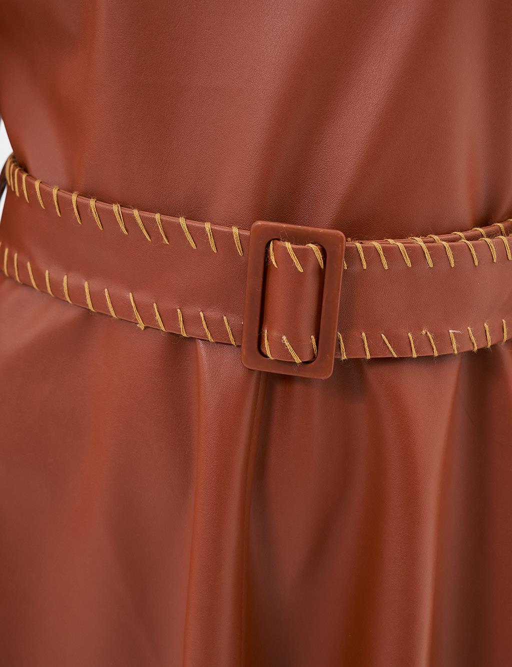 Belt Detailed Faux Leather Dress Coffee