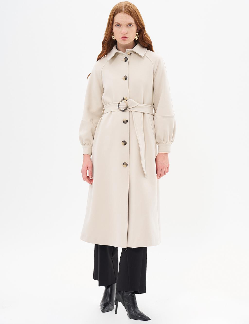 Buckle Detailed Cashmere Coat Stone