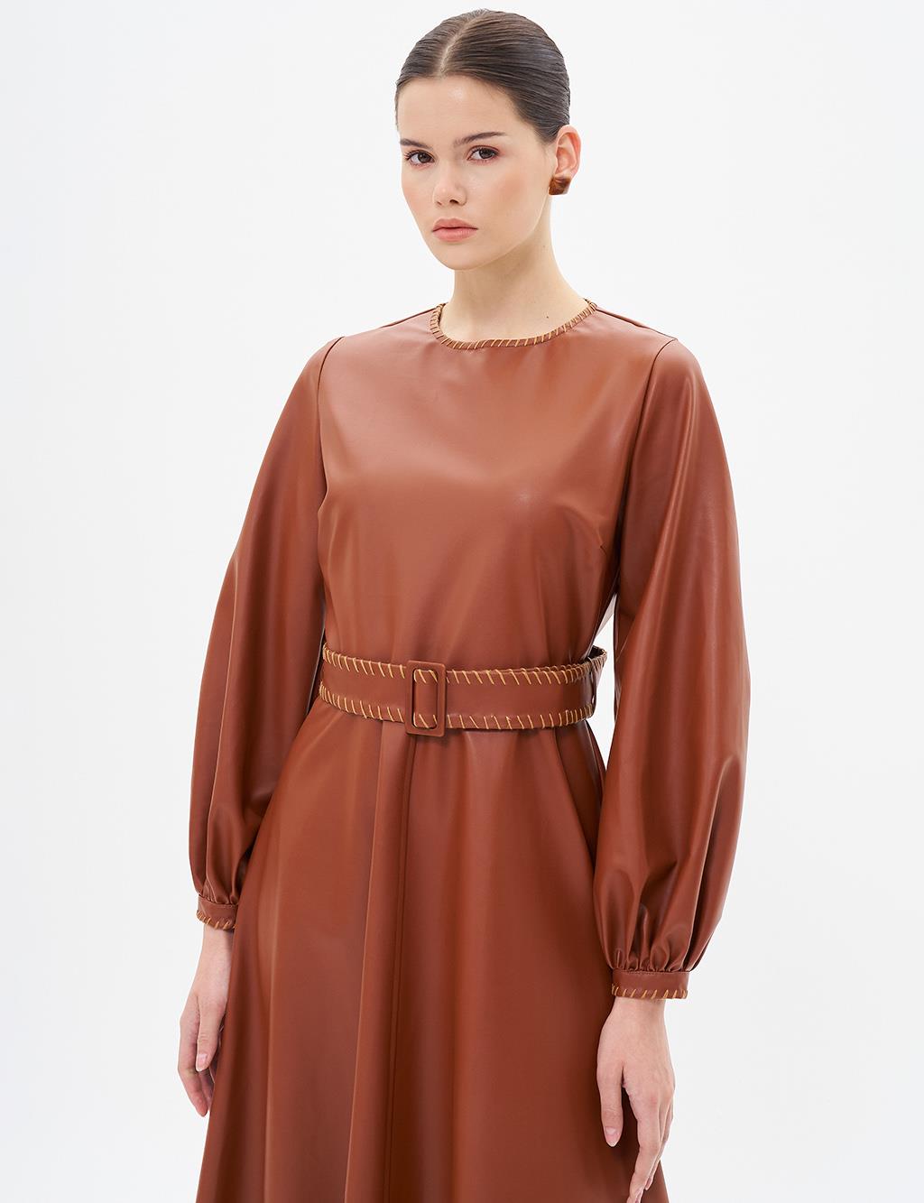 Belt Detailed Faux Leather Dress Coffee