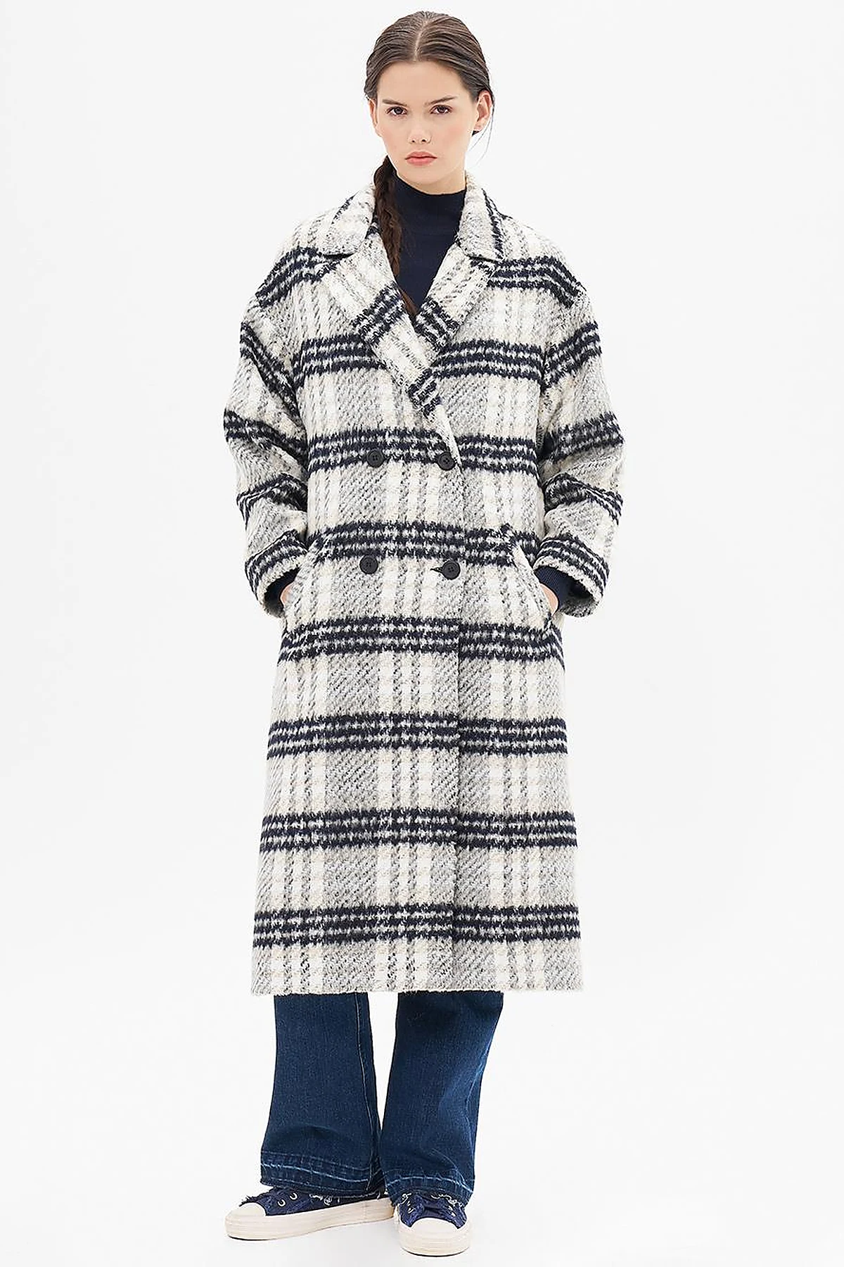 Buttoned Plaid Coat Cream