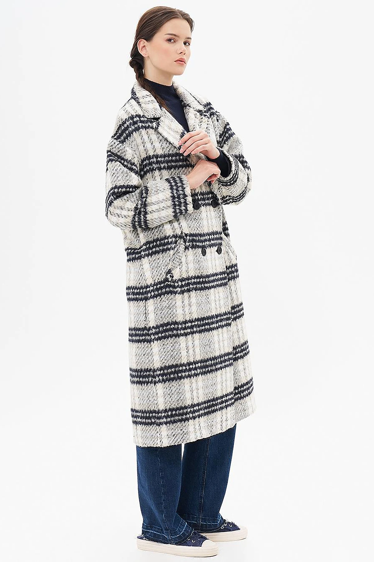 Buttoned Plaid Coat Cream
