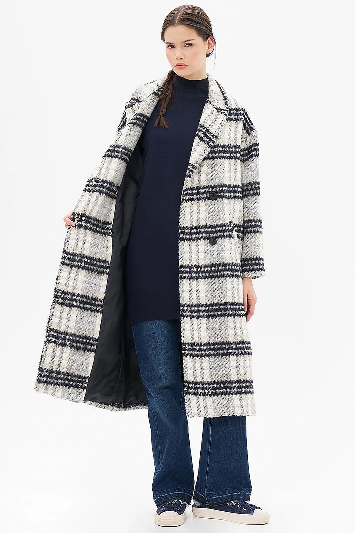 Buttoned Plaid Coat Cream