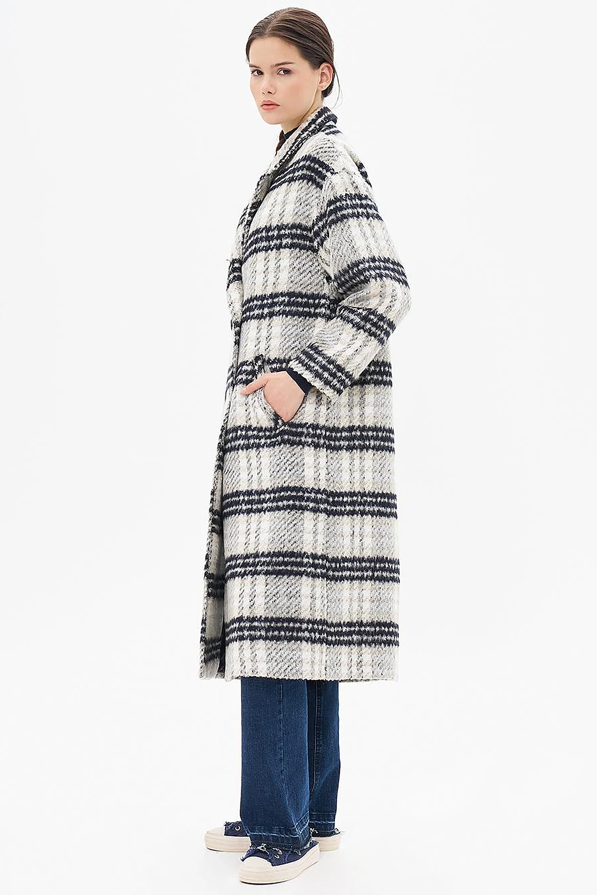 Buttoned Plaid Coat Cream